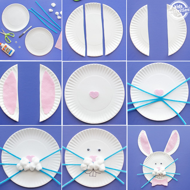 paper plate easter bunny craft all steps reviewed in this craft step collage image with 9 images
