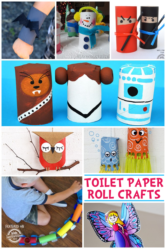 Toilet paper roll crafts with batman cuffs, a snowman, ninjas, star wars leia and r2d2, and owl, octopus, train, and fairy.