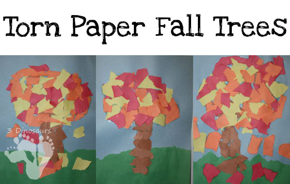 Torn Paper Fall Tree: great fine motor and craft together- with orange red and yellow leaves and brown base made from torn construction paper