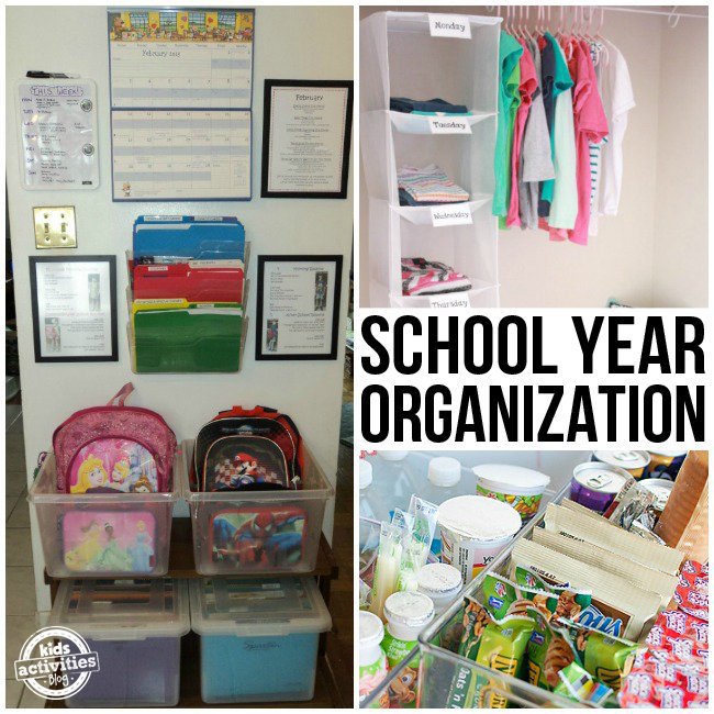 How to be organized for school by using red blue and yellow files for papers, bins for a princess and mario backpack, labeled drawers for school clothes, and bins to keep snacks organized.