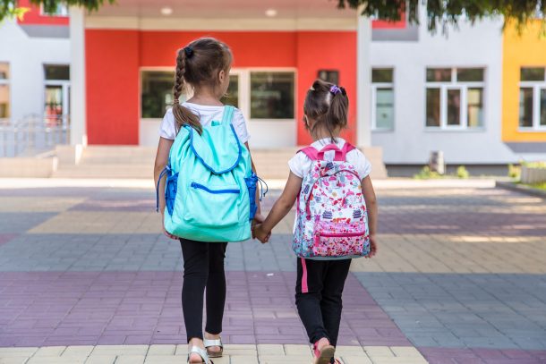 Two girls hand in hand walking into elementary school