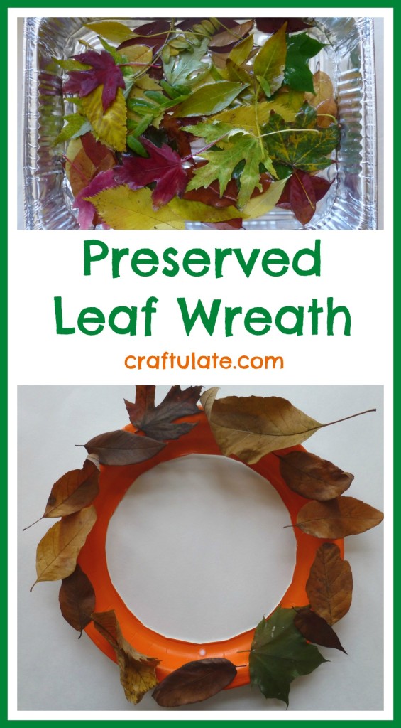 Preserved Leaf Wreath - a fun fall craft for kids to make! With an orange base with brown leaves on it.