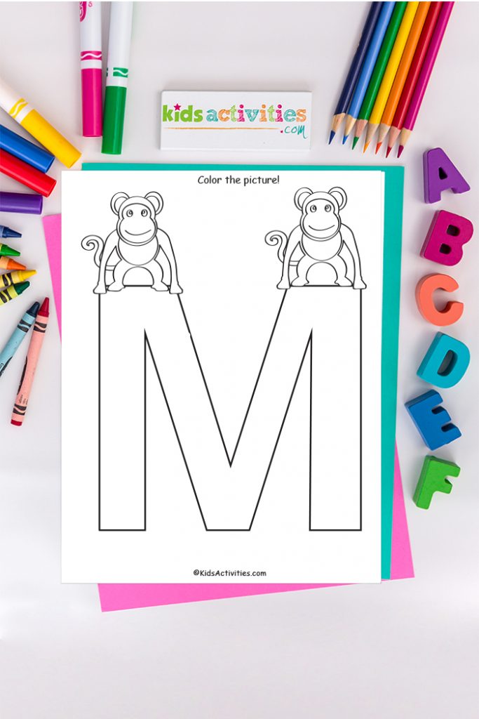 letter m coloring page - Kids Activities Blog - capital M with two monkeys on background of ABC's crayons and markers