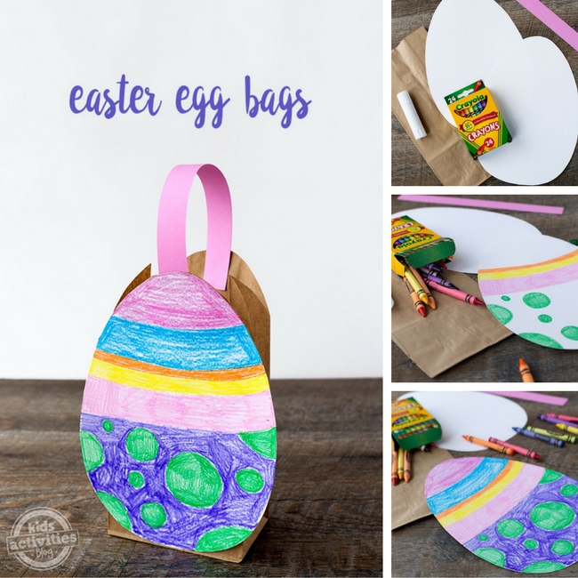  All the steps for making an Easter egg bag - supplies needed, decorating paper egg, adding the brown lunch sack and handle