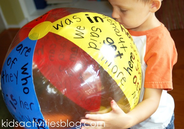 Sight Word activity Ball that has red, yellow, and, blue with various words written on it.