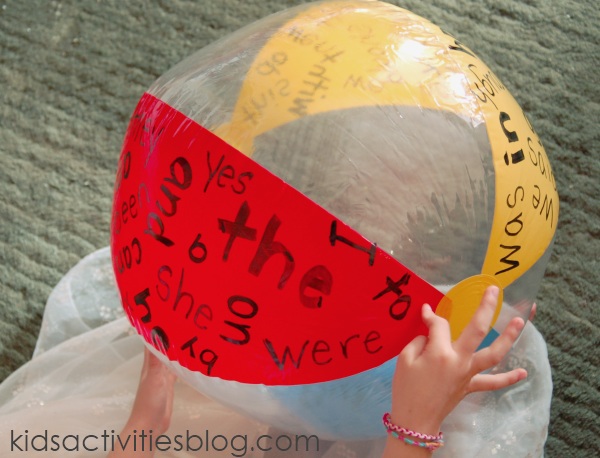 Sight Word activity Ball used for this sight word movement games with common used words on the red, blue, and yellow sections of the beach ball.