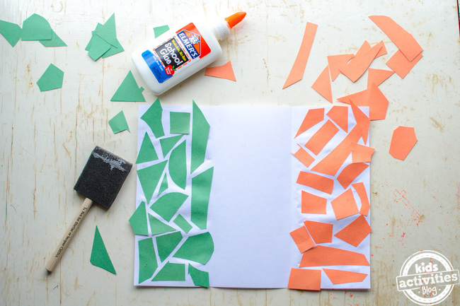  Irish flag craft for kids - step 5 place the colored pieces green on left and orange on right