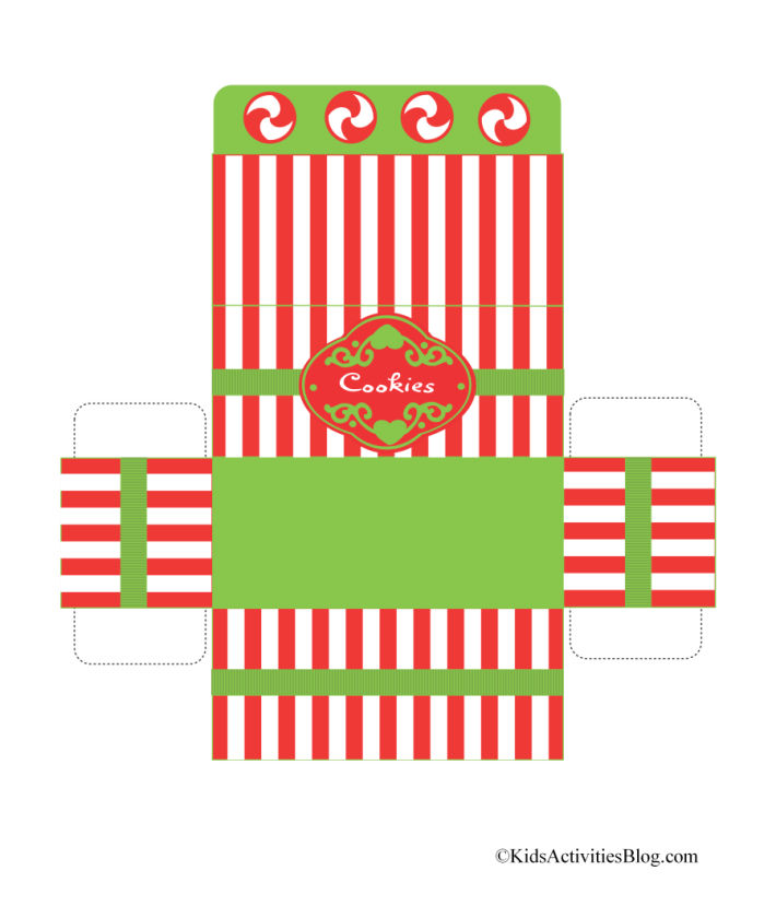 printable foldable Christmas box for cookies - Kids activities Blog - red and white striped box with green trim that says "cookies"