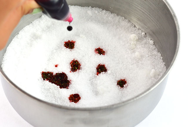 This kid friendly bath salt recipes includes adding food coloring to your bowl of dry ingredients of epsom salt and baking soda.