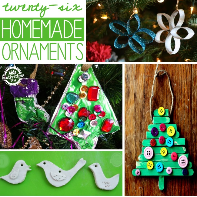 christmas ornaments that kids can make from baked clay, paper towel rolls, and popsicle sticks.