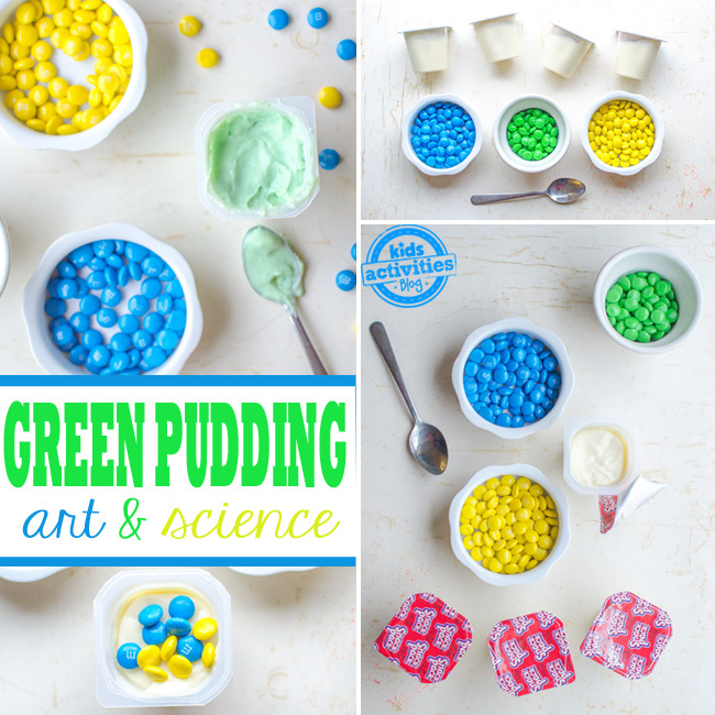 Green pudding color mixing snack for kids to learn color combinations - art & science steps shown in pictures