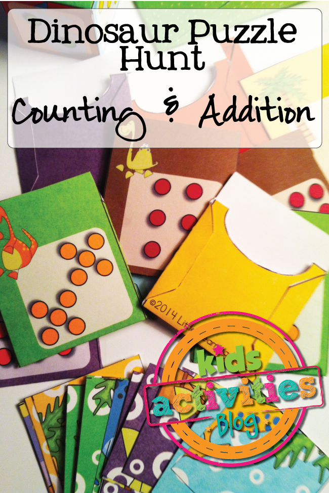 Free Kids Math Printable Dinosaur Puzzle Hunt Game practices counting and addition in a fun new way!