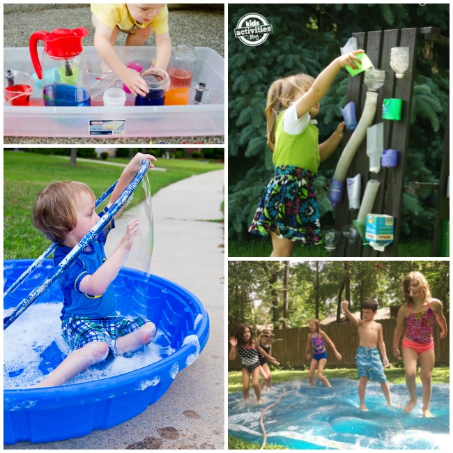 Water fun with giant bubbles, kiddie pools, splash party, water wall, and a water blob.