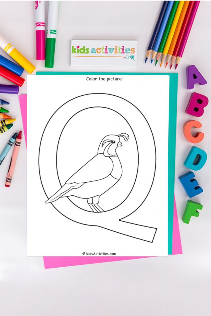letter Q coloring page Kids Activities Blog - Color the picture captial Q with a quail on background of ABC's pencils and markers