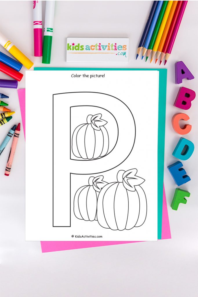 letter P coloring page Kids Activities Blog - let's color the picture - capital P with pumpkins on background of ABCs crayons and markers