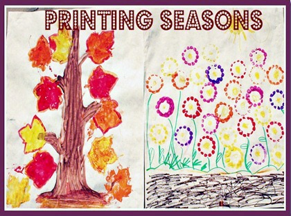 Comparing Spring and Fall with a Printmaking Season Craft- one side has red, yellow, and orange leaves the other purple pink, yellow, red, and orange flowers