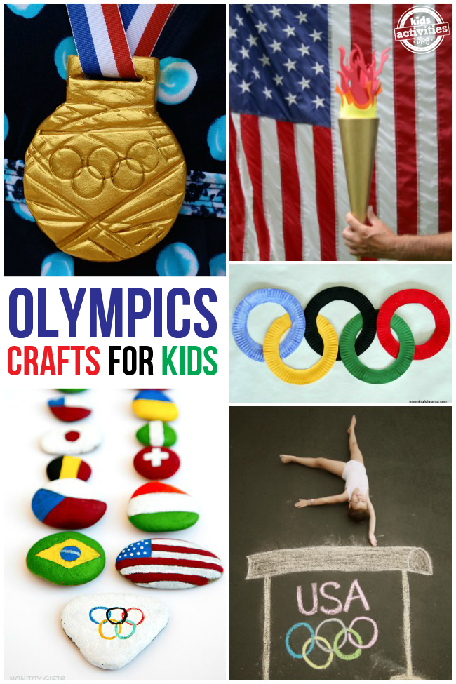 Olympics Crafts for Kids - 5 different olympic game inspired crafts for kids shown including making your own gold medal, creating an olympic torch, painting rocks for the countries that compete, a paper plate olympic rings craft and how to put your child in the olympic picture.