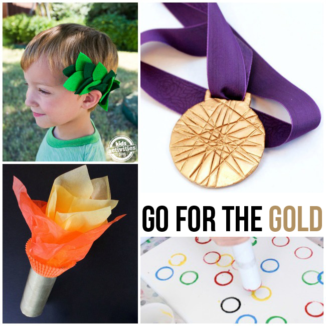 Go for the Gold - more olympic inspired crafts for kids including a laurel wreath, gold medal, olympic torch and a dot to dot activity with olympic rings