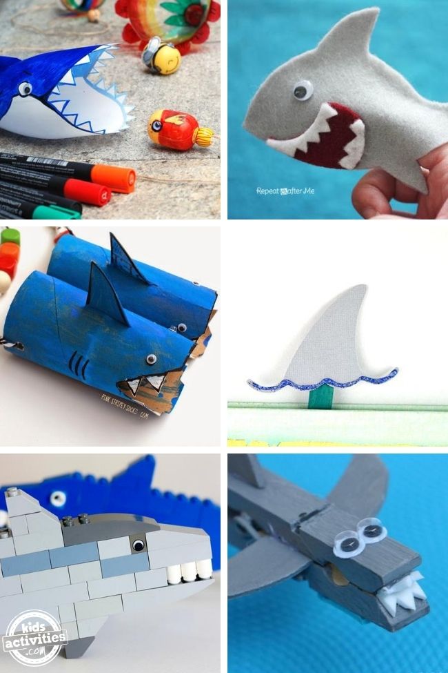 collage of shark crafts and shark activities