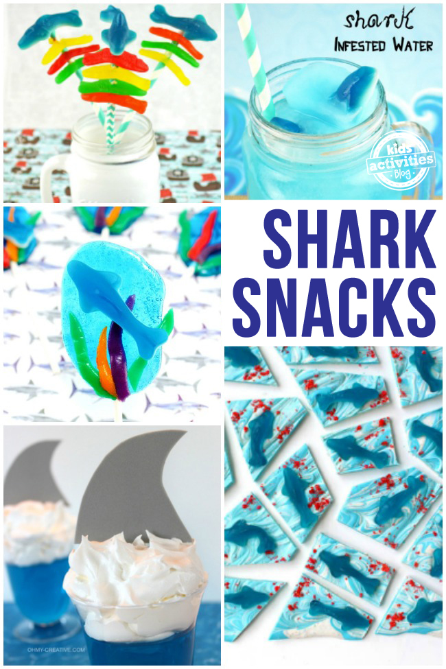 collage of edible kids crafts for shark week - shark inspired snacks