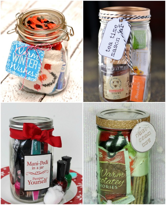 mason jar gift ideas- stay warm jar with socks, a tea time mason jar gift, mani/pedi in a jar, hot coco in a jar