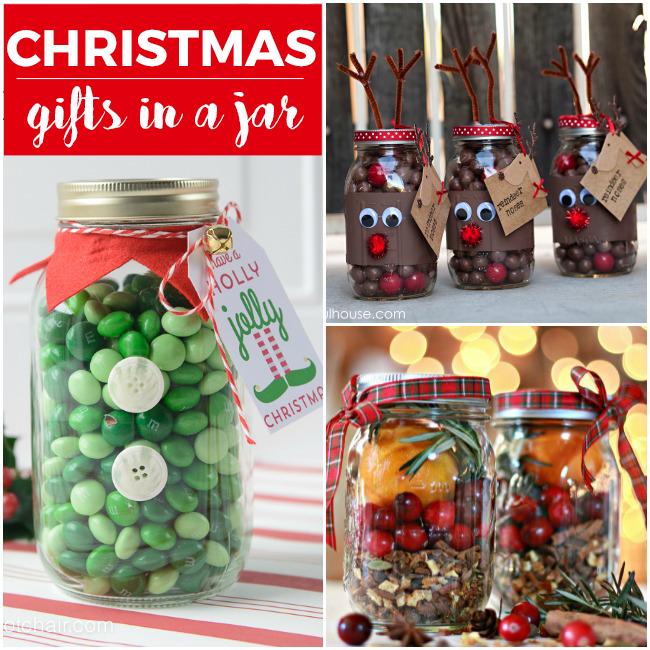 christmas gifts in a jar- elf in a jar is green m&m's, and the reindeer jar has whoppers in them, and the last one has cranberries, herbs, and oranges to make the house smell good.