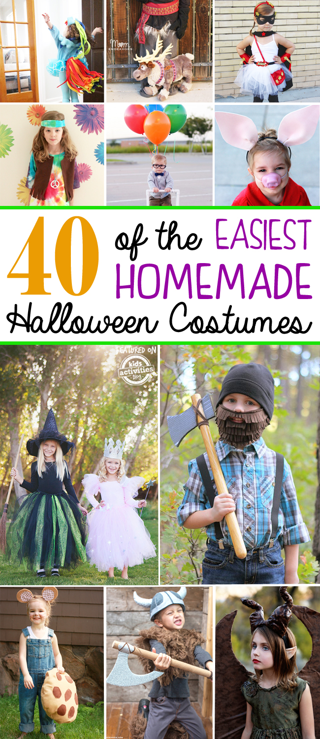 40 of the easiest homemade Halloween costumes that include a pink pig with giant ears, a wood cutter with a bushy brown beard, the good witch and evil witch from wizard of oz.