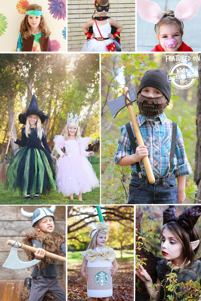 These handmade costumes include a tie dye hippy costume, a super girl costume with black mask, a good witch in pink and evil witch in black and green, a pink pig with giant ears, a wood cutter with a brown beard, a viking warrior with a horned helmet, a starbuck frappe, and Malificent all in black.