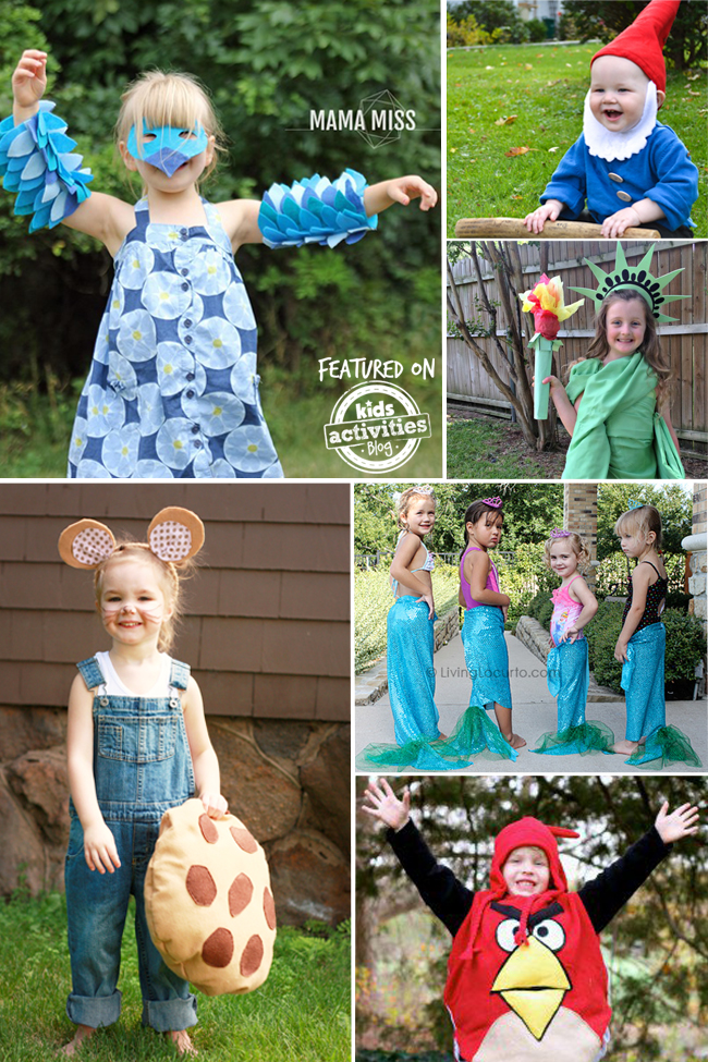 These simple homemade costumes consist of a blue bird with feathers, a garden gnome with a white beard and a pointed red hat, if you give a mouse a cookie costume complete with mouse ears and a giant cookie, sparkly blue and green mermaids, and an red angry bird.