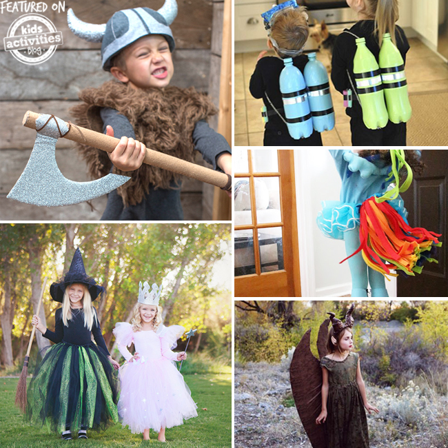 These are the easiest costumes to make like the viking costume with a foam axe and horned helmet, blue and green scuba divers with soda bottle oxygen tanks, the rainbow my little pony, green and black evil witch along with the pink good witch, and Malificent and her brown horns and wings.