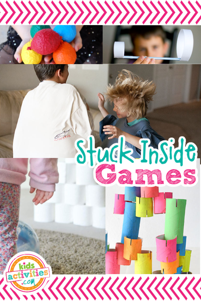 Stuck inside games - over 30 game ideas for kids for active indoor party games and rainy day games - shown are homemade balls, DIY airplane, belly bounce game, toilet paper bowling and toilet paper roll building games