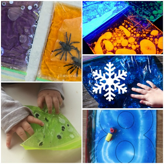 sensory bags for babies with snow, googly eyes, cars, and spiders.