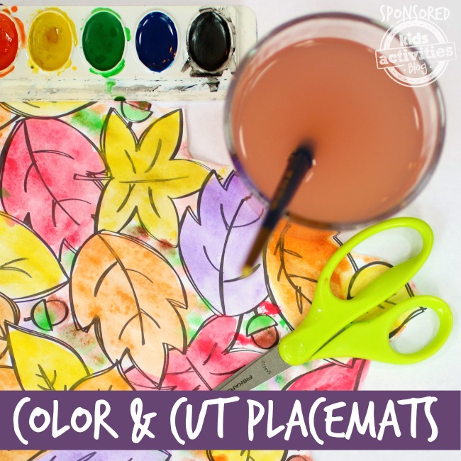Print color and cut leaf placemat templates for kids crafts shown with water color paint, water and scissors