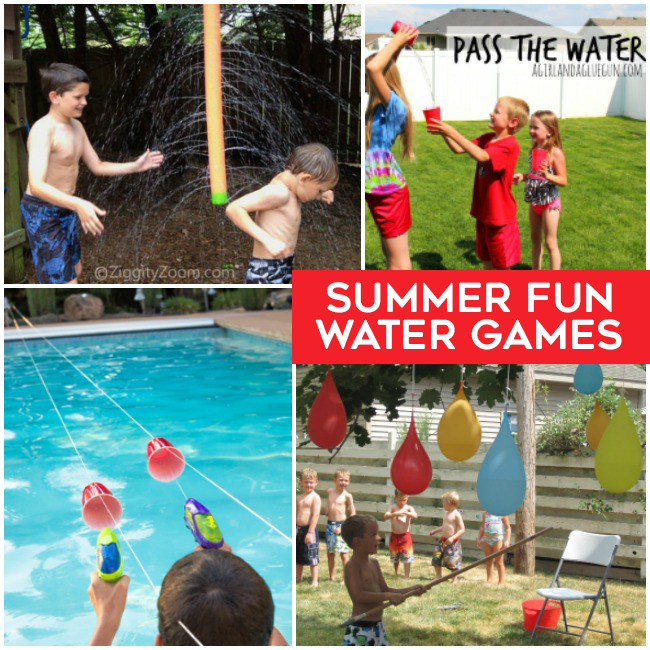Summer outdoor kids with sprinklers, pass the water, water gun races, and water balloon pinatas