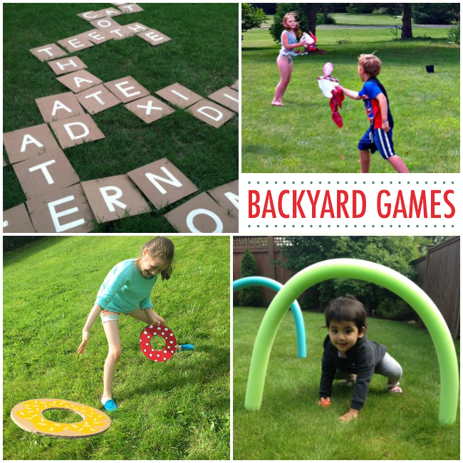 summer games for kids with frisbee, water guns, croquet, and backyard scrabble