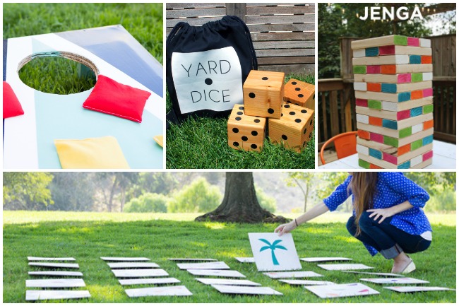 fun summer games like yard dice, yard jenga, yard memory, and bean bag toss