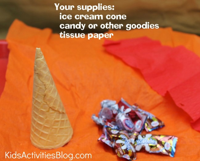 supplies for edible torches - ice cream cones, candy and colored tissue paper