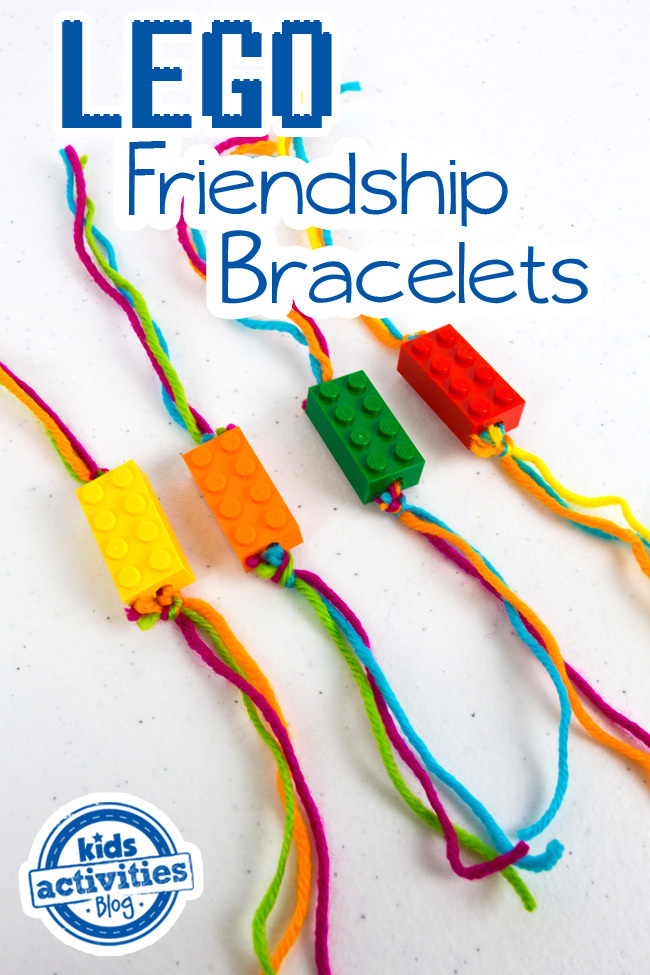 LEGO Friendship Bracelets - 4 LEGO bracelets shown with yellow, orange, green and red bricks with colorful yarn - Kids Activities Blog logo