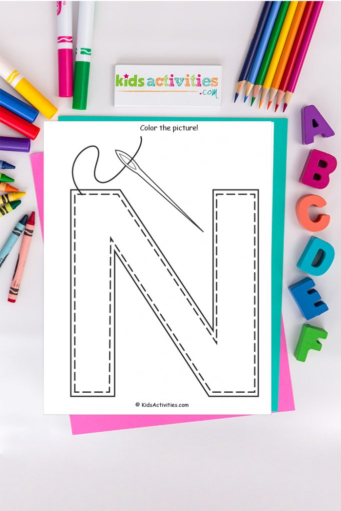 Letter N coloring page Kids activities Blog - color the picture of capital N with needlework and a needle on background of ABC's markers and crayons