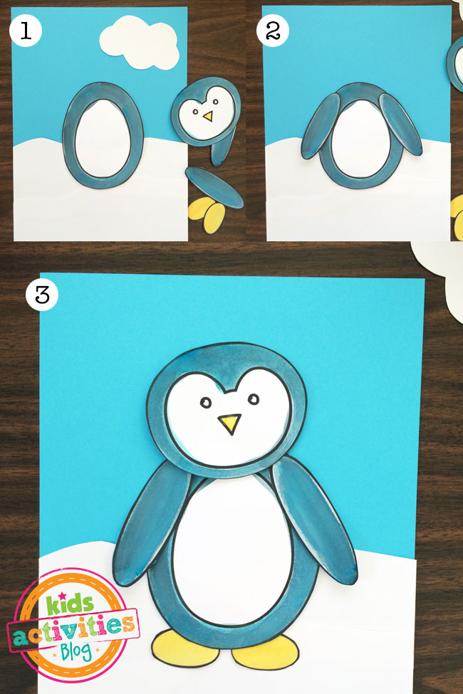 Cut out the pieces, layer them to design your penguin