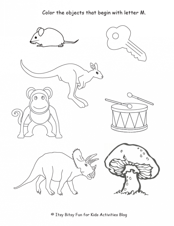 color the objects that begin with lette M
