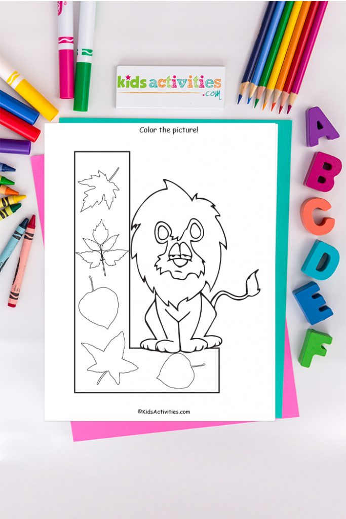 letter l coloring pages Kids Activities Blog with lion and leaves on background of ABC's crayons and markers