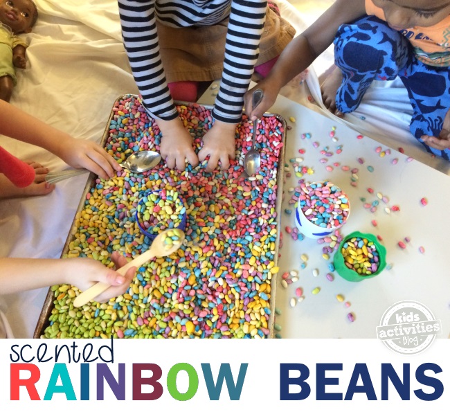 sensory play with rainbow scented beans