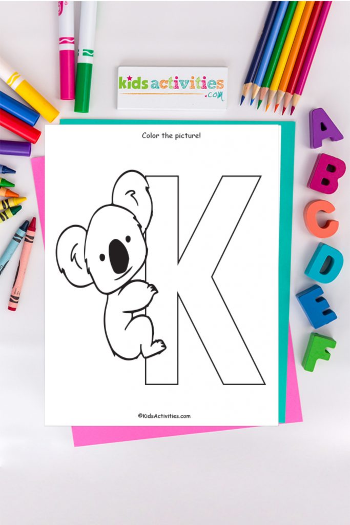 letter k coloring page - color the picture! - koala bear clinging to capital k - Kids Activities Blog  with ABC's crayon and markers