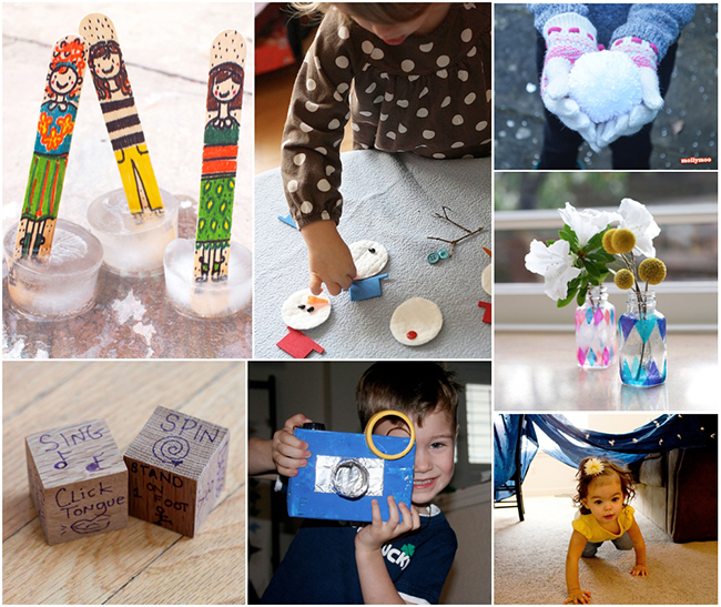 indoor activities for kids - shown are skating popsicle sticks, snowman craft, dice, homemade camera, obstacle course and more