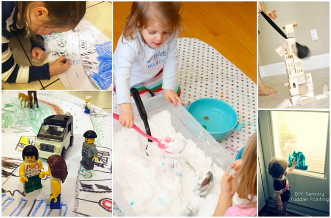 indoor activities for winter - kids doing art, creating lego worlds, playing indoors with snow