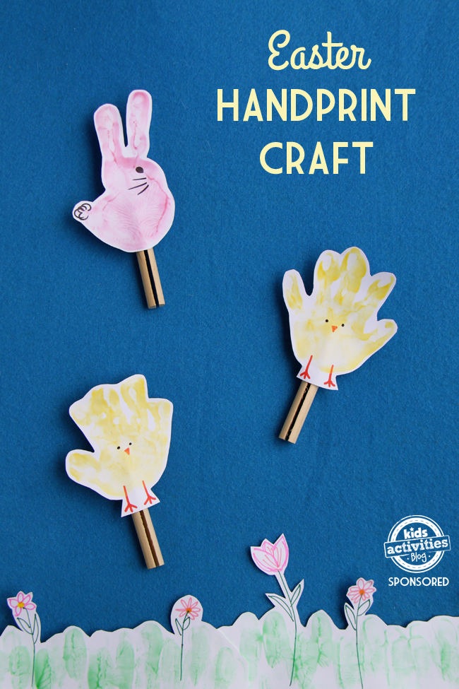 Easter handprint chicks and bunnies on clothes pins so they can be used as puppets