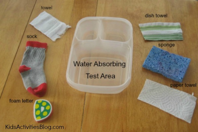 Kids love hands on learning like this water absorption science activity - here are the supplies we used like towel sock letter dish towel sponge and paper towel