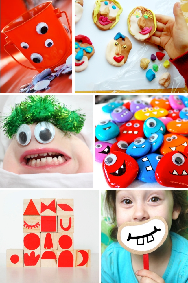 silly preschool crafts like picasso ornaments, chin puppets, and smiles on a stick.