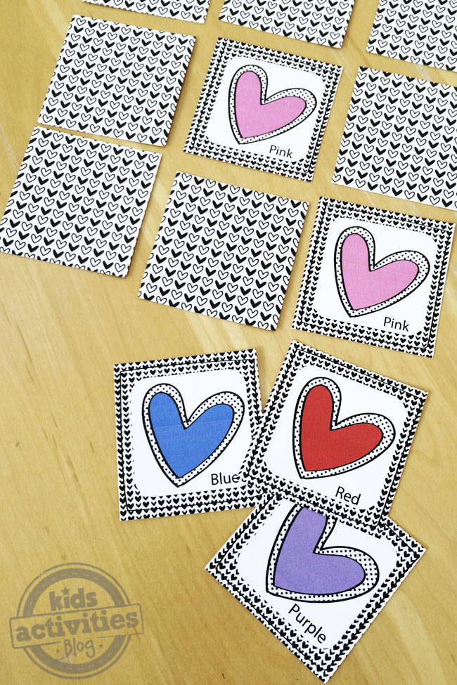 Play the memory game with printable colored hearts playing cards